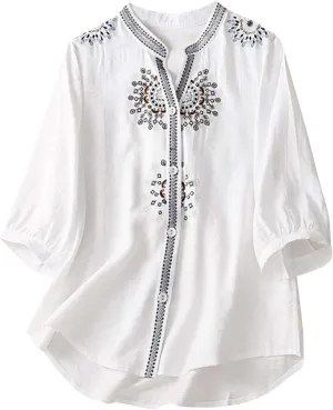 Women's Cotton Linen Shirts Short Sleeve V-Neck Embroidered Blouses Button Down Tops Summer Loose Casual Boho T Shirt