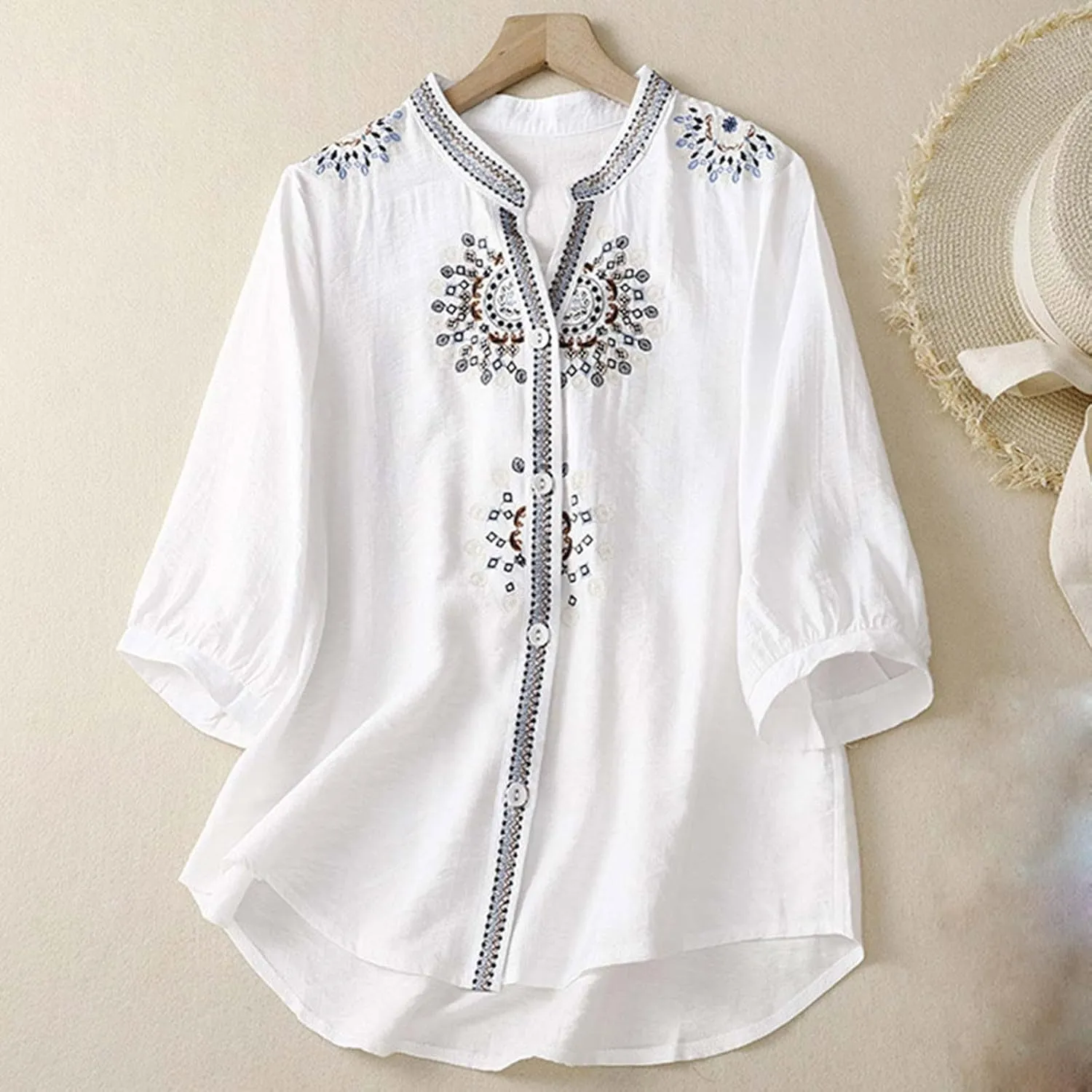 Women's Cotton Linen Shirts Short Sleeve V-Neck Embroidered Blouses Button Down Tops Summer Loose Casual Boho T Shirt