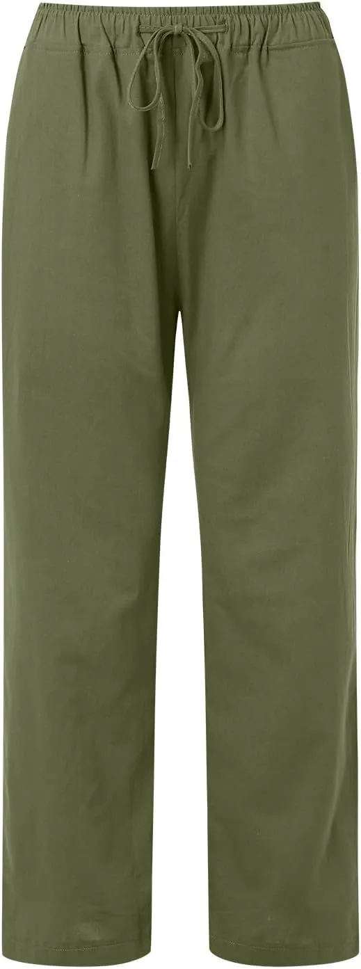 Womens Cotton Linen Summer Palazzo Pant Flowy Wide Leg Beach Pants High Waist Soft Trouser with Pocket