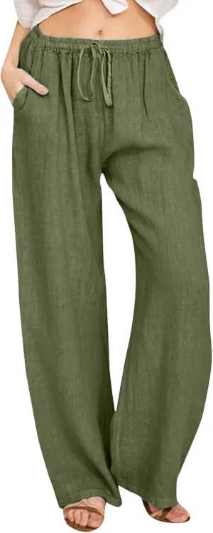Womens Cotton Linen Summer Palazzo Pant Flowy Wide Leg Beach Pants High Waist Soft Trouser with Pocket