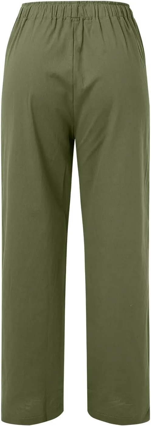 Womens Cotton Linen Summer Palazzo Pant Flowy Wide Leg Beach Pants High Waist Soft Trouser with Pocket