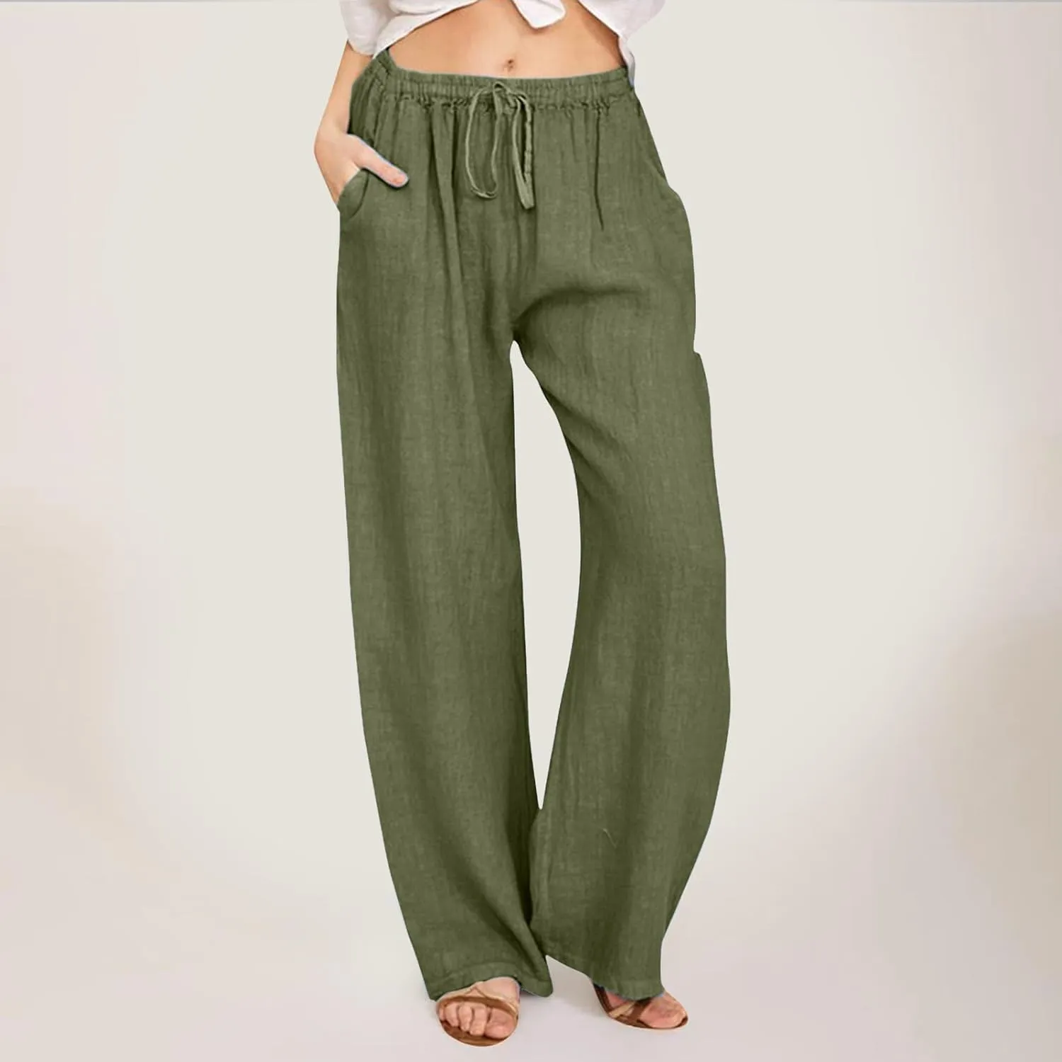 Womens Cotton Linen Summer Palazzo Pant Flowy Wide Leg Beach Pants High Waist Soft Trouser with Pocket
