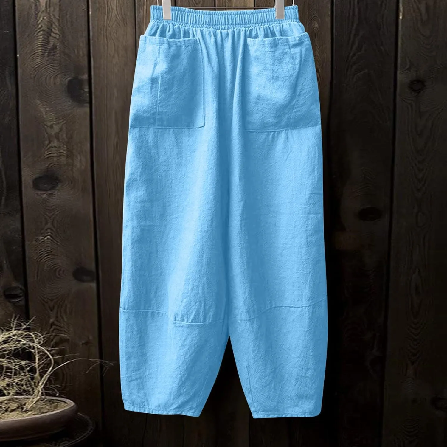 Womens Cotton Linen Summer Palazzo Pants Flowy Wide Leg Beach Pants High Waist Long Lounge Trouser with Pocket