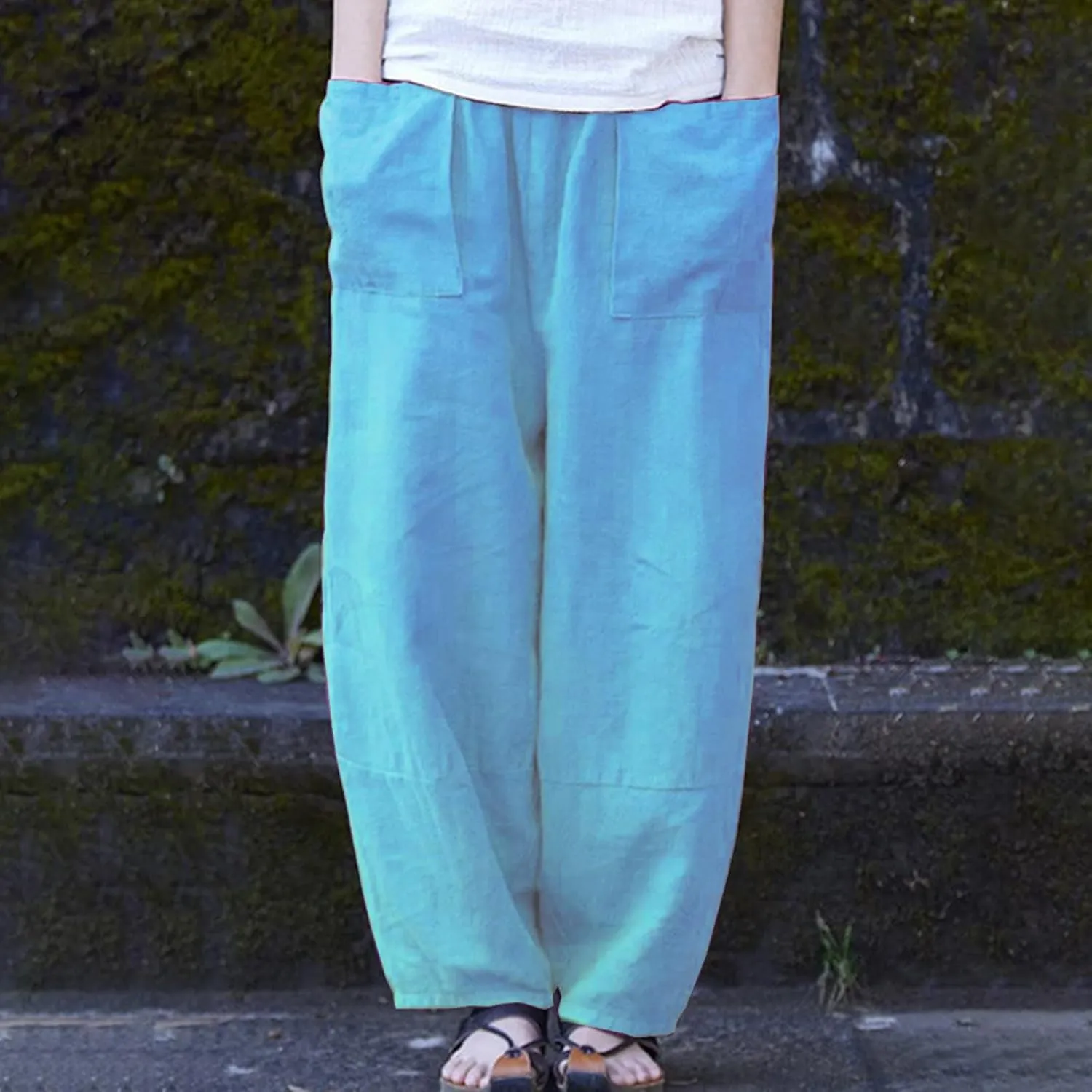 Womens Cotton Linen Summer Palazzo Pants Flowy Wide Leg Beach Pants High Waist Long Lounge Trouser with Pocket