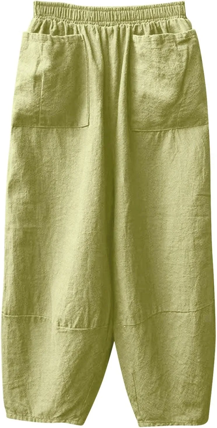 Womens Cotton Linen Summer Palazzo Pants Flowy Wide Leg Beach Pants High Waist Long Lounge Trouser with Pocket