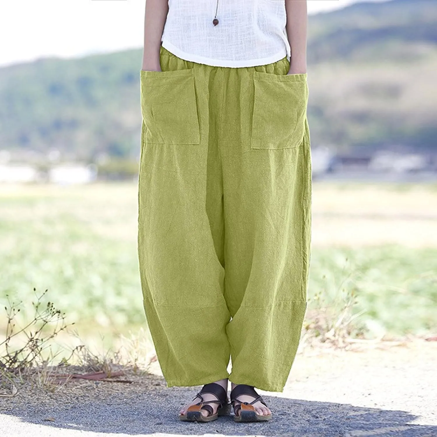 Womens Cotton Linen Summer Palazzo Pants Flowy Wide Leg Beach Pants High Waist Long Lounge Trouser with Pocket