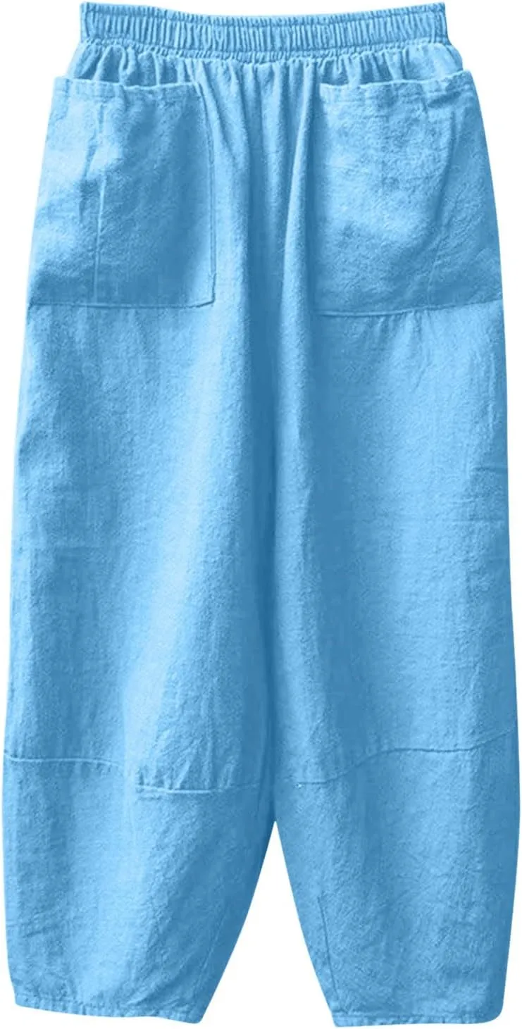 Womens Cotton Linen Summer Palazzo Pants Flowy Wide Leg Beach Pants High Waist Long Lounge Trouser with Pocket