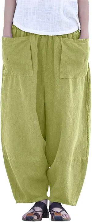 Womens Cotton Linen Summer Palazzo Pants Flowy Wide Leg Beach Pants High Waist Long Lounge Trouser with Pocket