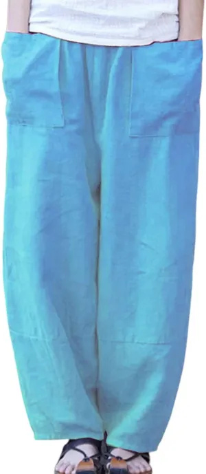Womens Cotton Linen Summer Palazzo Pants Flowy Wide Leg Beach Pants High Waist Long Lounge Trouser with Pocket
