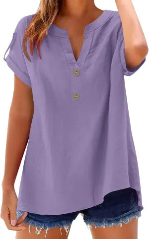 Womens Cotton Linen Tops Short Sleeve V Neck Soft Button Down Tops 2025 Spring Summer Plus Size Blouses Dressy S-5XL