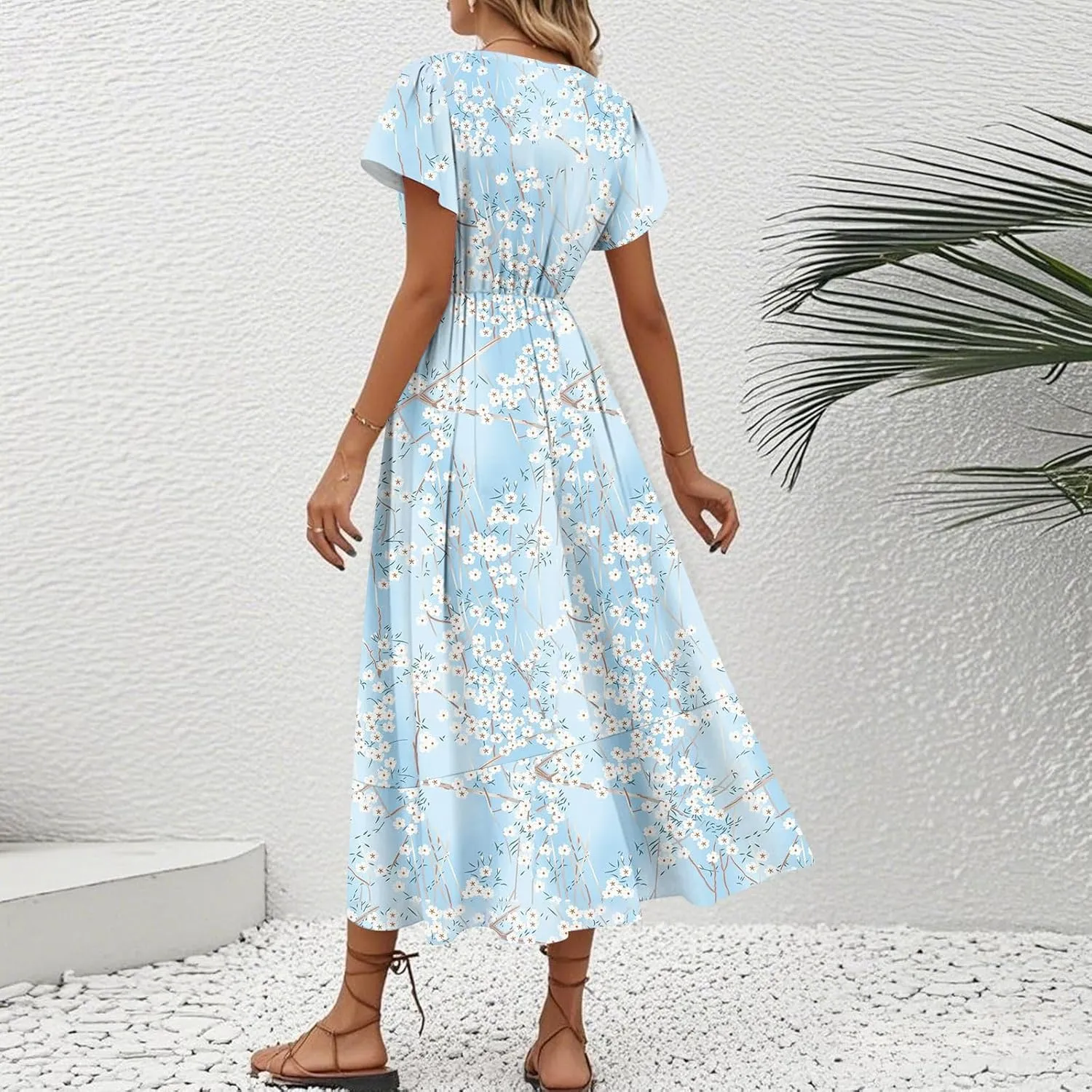 Womens Dress Short Sleeve V Neck Floral Print Wrap Waist Tie Sun Plus Size Party Bohemian Dresses