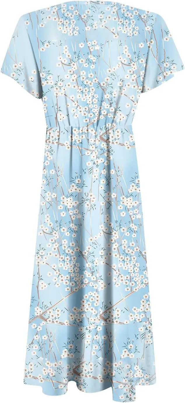 Womens Dress Short Sleeve V Neck Floral Print Wrap Waist Tie Sun Plus Size Party Bohemian Dresses
