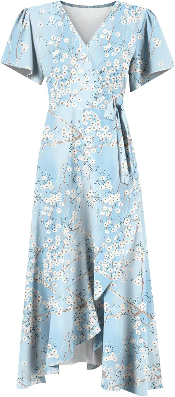 Womens Dress Short Sleeve V Neck Floral Print Wrap Waist Tie Sun Plus Size Party Bohemian Dresses