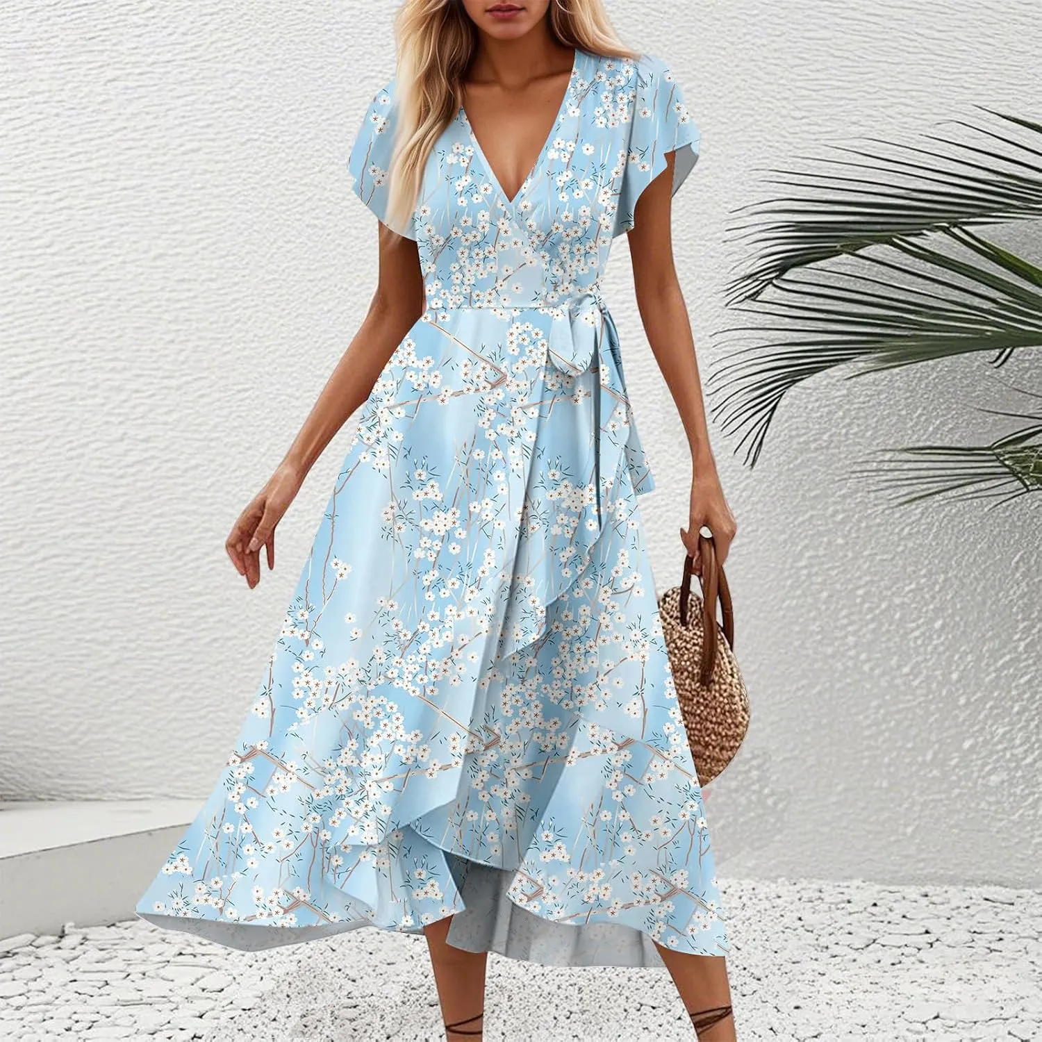 Womens Dress Short Sleeve V Neck Floral Print Wrap Waist Tie Sun Plus Size Party Bohemian Dresses