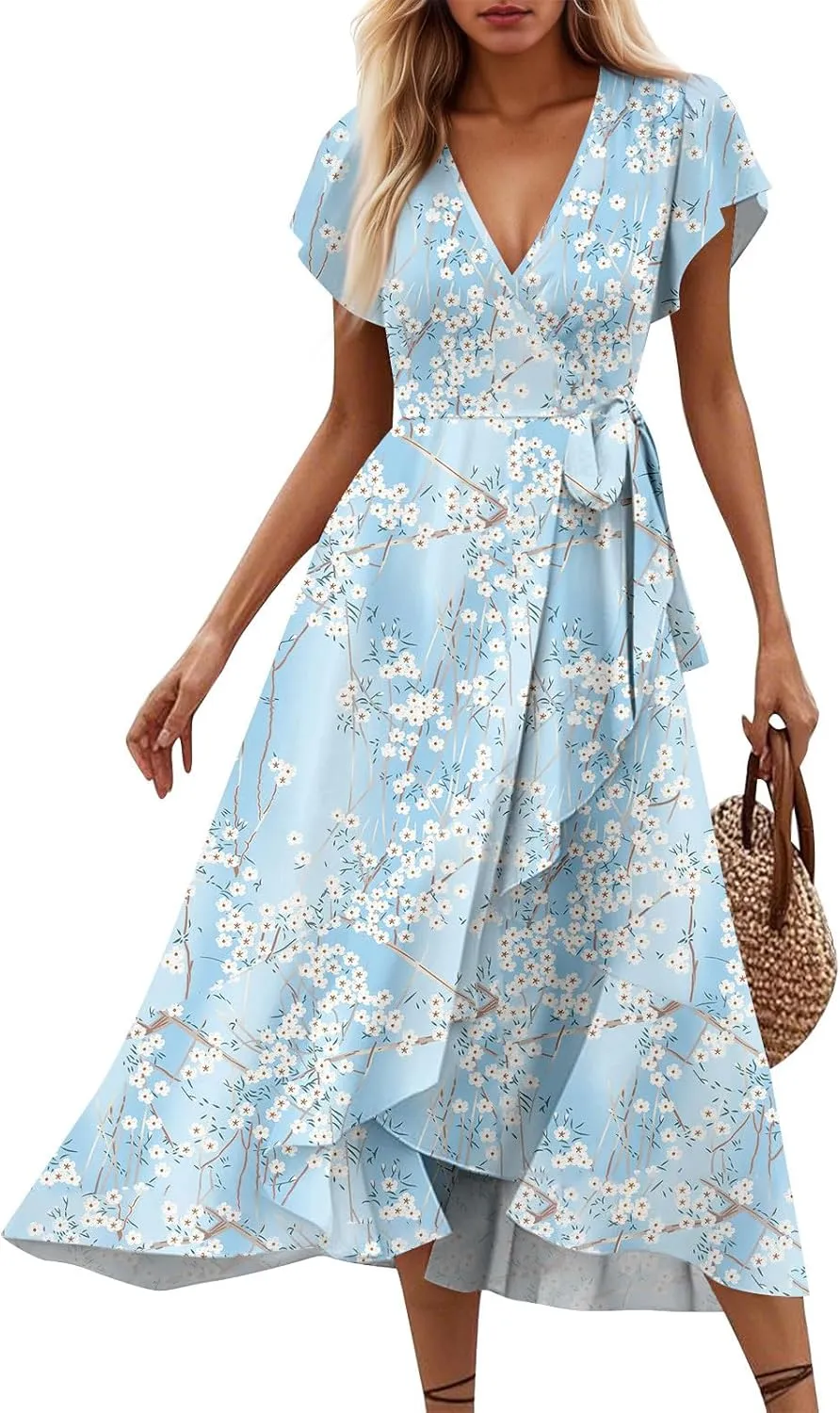Womens Dress Short Sleeve V Neck Floral Print Wrap Waist Tie Sun Plus Size Party Bohemian Dresses