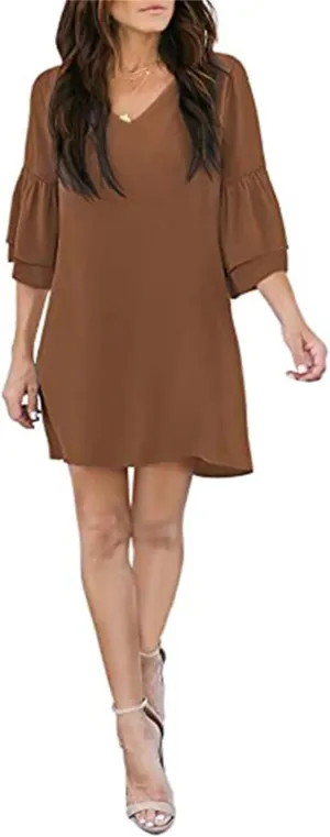 Women's Dress Sweet Cute V-Neck Half Length Bell Sleeve Shift Mini Dress Causal Loose Elegant Flowy Swing Dresses