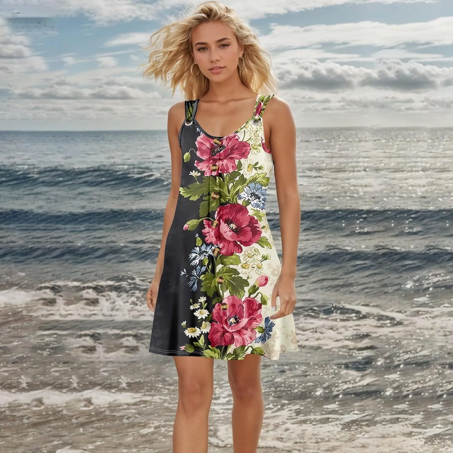 Womens Dresses Casual Plus Size Mini Dress Button Down Summer Clothes Tank Dress V Neck Sleeveless Sundress