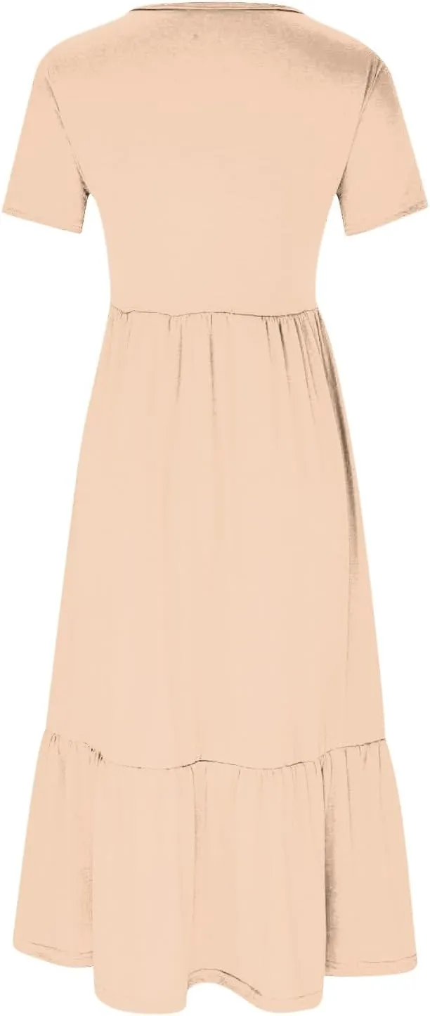 Womens Dresses Casual Short Sleeve Tiered Pleated Ruffle Maxi Dress with Pockets Summer Crewneck Solid Shirt Sundress