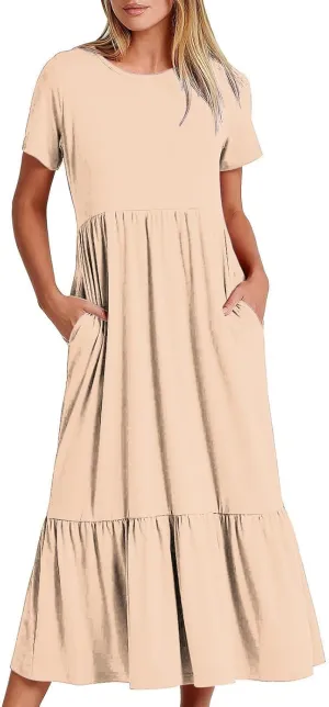 Womens Dresses Casual Short Sleeve Tiered Pleated Ruffle Maxi Dress with Pockets Summer Crewneck Solid Shirt Sundress