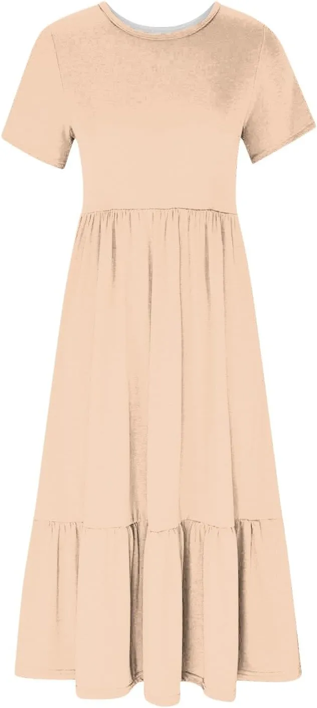 Womens Dresses Casual Short Sleeve Tiered Pleated Ruffle Maxi Dress with Pockets Summer Crewneck Solid Shirt Sundress