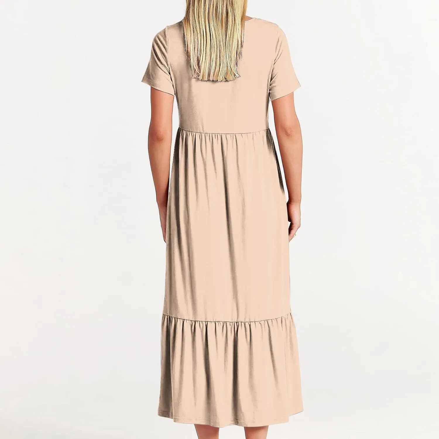 Womens Dresses Casual Short Sleeve Tiered Pleated Ruffle Maxi Dress with Pockets Summer Crewneck Solid Shirt Sundress