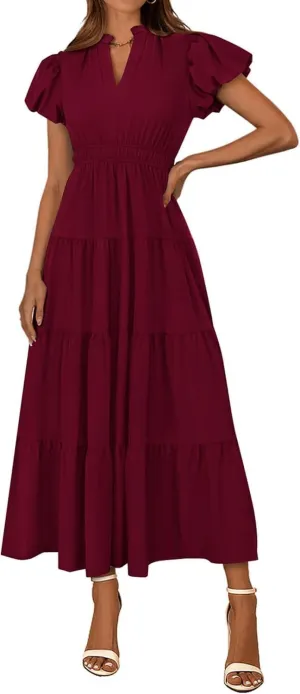 Women's Dresses Deep V Neck Ruffle Sleeve Smocked Waist Tiered Dress A Line Beach Maxi Flowy Cocktail Dresses