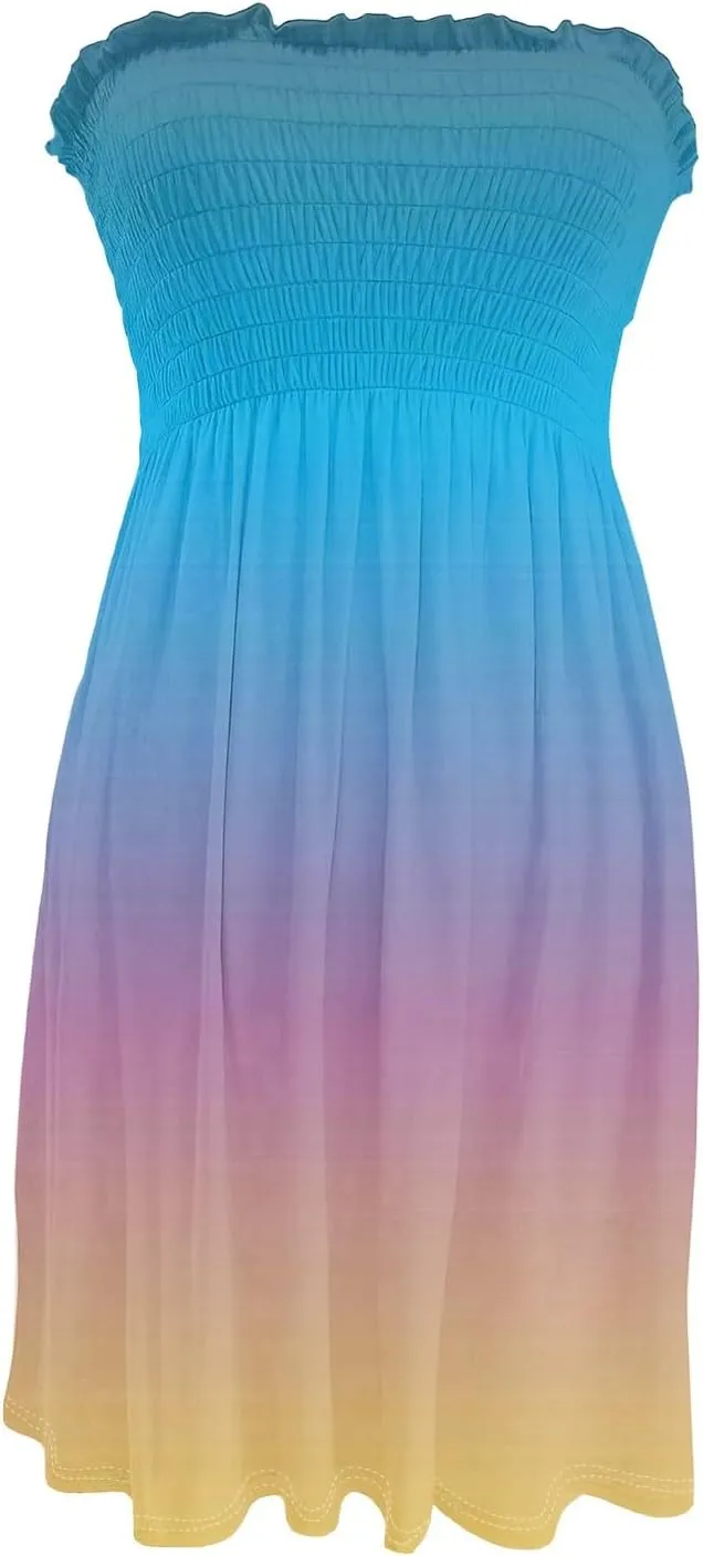 Womens Dresses Strapless Tube Smocked High Waist Gradient Print Elegant Party Casual Dress