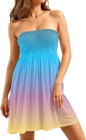 Womens Dresses Strapless Tube Smocked High Waist Gradient Print Elegant Party Casual Dress