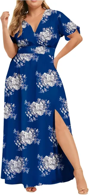 Womens Dresses Summer Plus Size V Neck Floral Print Short Sleeve Boho Dress Empire Waist Side Split Sundresses