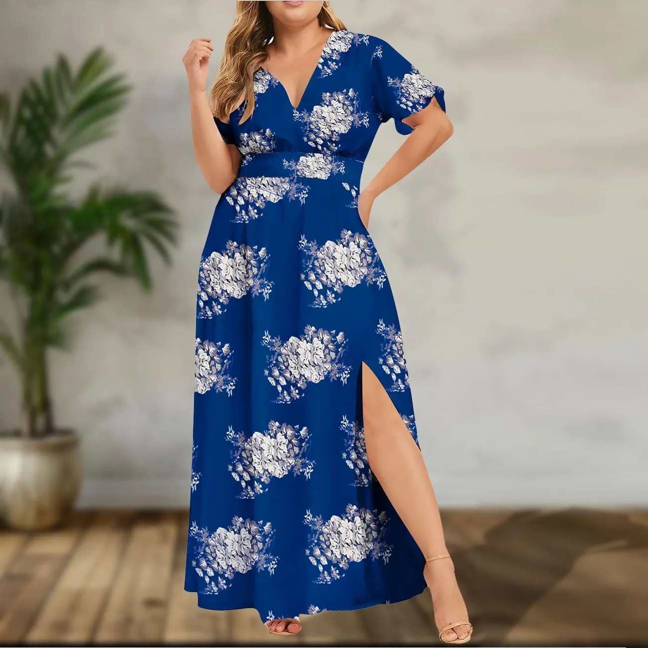 Womens Dresses Summer Plus Size V Neck Floral Print Short Sleeve Boho Dress Empire Waist Side Split Sundresses