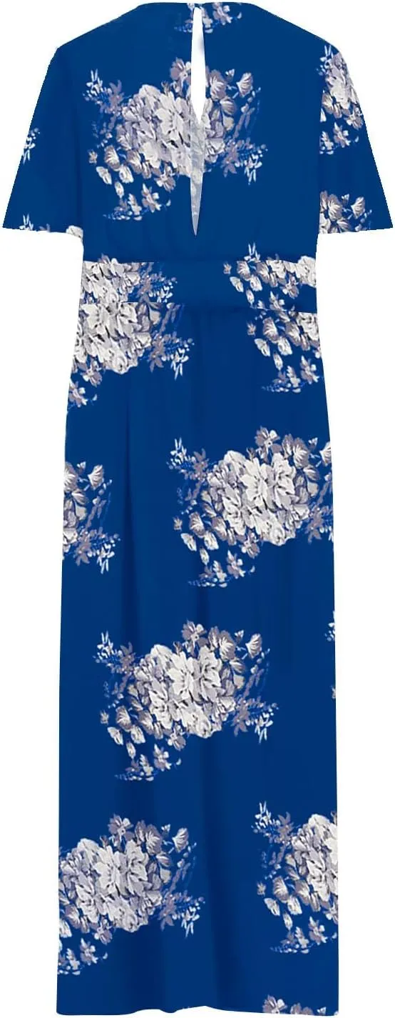 Womens Dresses Summer Plus Size V Neck Floral Print Short Sleeve Boho Dress Empire Waist Side Split Sundresses