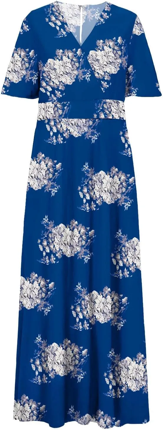 Womens Dresses Summer Plus Size V Neck Floral Print Short Sleeve Boho Dress Empire Waist Side Split Sundresses