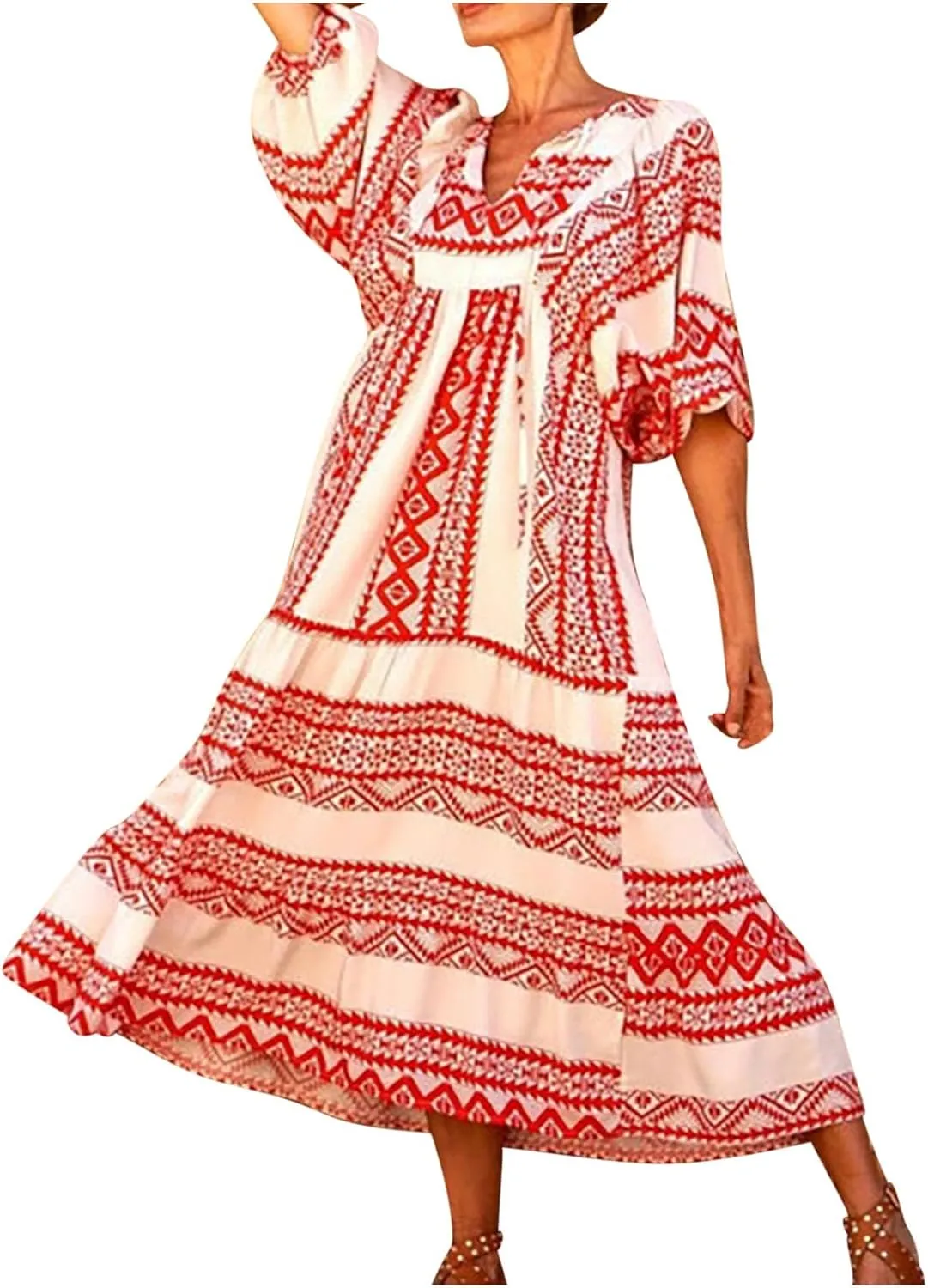 Women's Elbow Sleeve Trendy Summer Dresses Boho Floral Print Midi Dresses Flowy Loose Casual Beach Dress