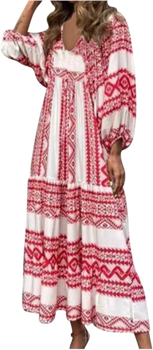 Women's Elbow Sleeve Trendy Summer Dresses Boho Floral Print Midi Dresses Flowy Loose Casual Beach Dress