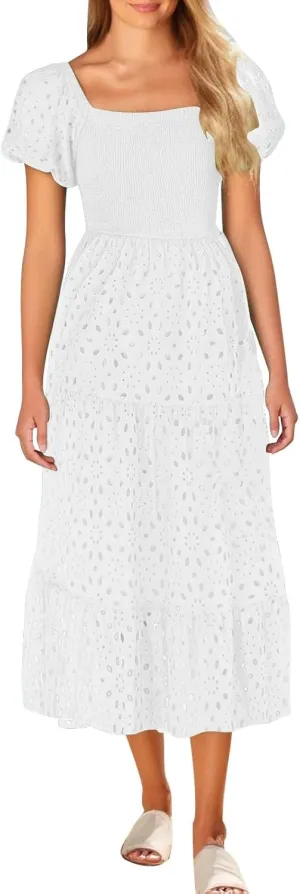 Womens Eyelet Embroidery Smock Dress Puff Short Sleeve Square Neck Casual A Line Tiered Ruffle Midi Dresses