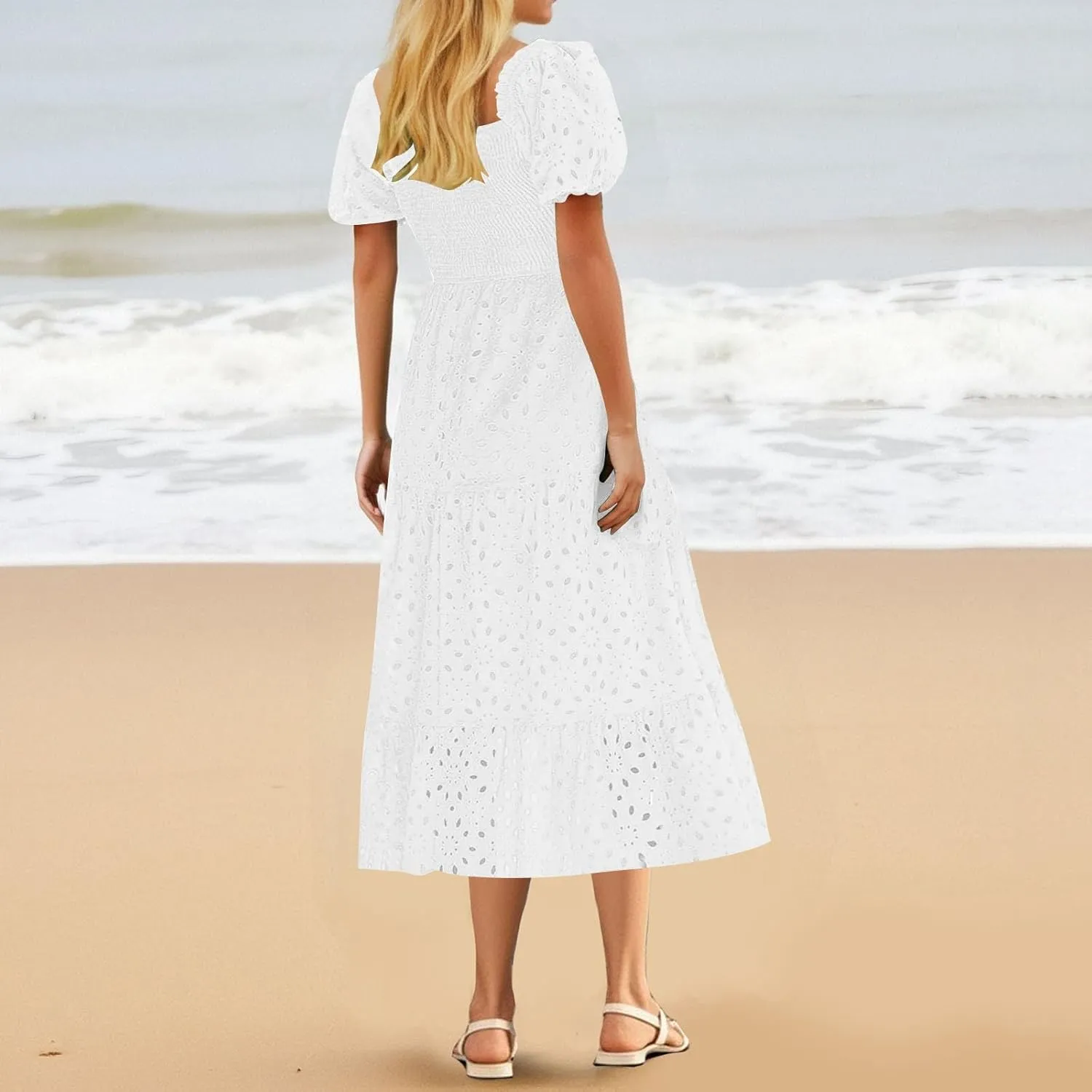 Womens Eyelet Embroidery Smock Dress Puff Short Sleeve Square Neck Casual A Line Tiered Ruffle Midi Dresses