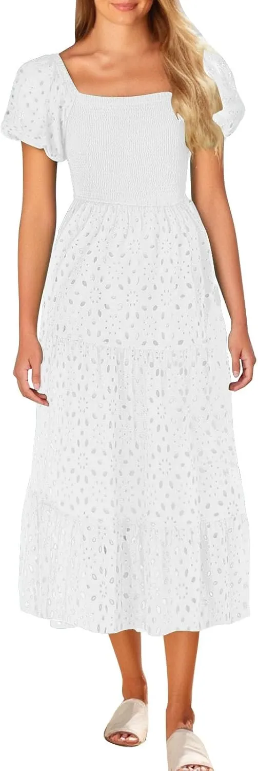 Womens Eyelet Embroidery Smock Dress Puff Short Sleeve Square Neck Casual A Line Tiered Ruffle Midi Dresses