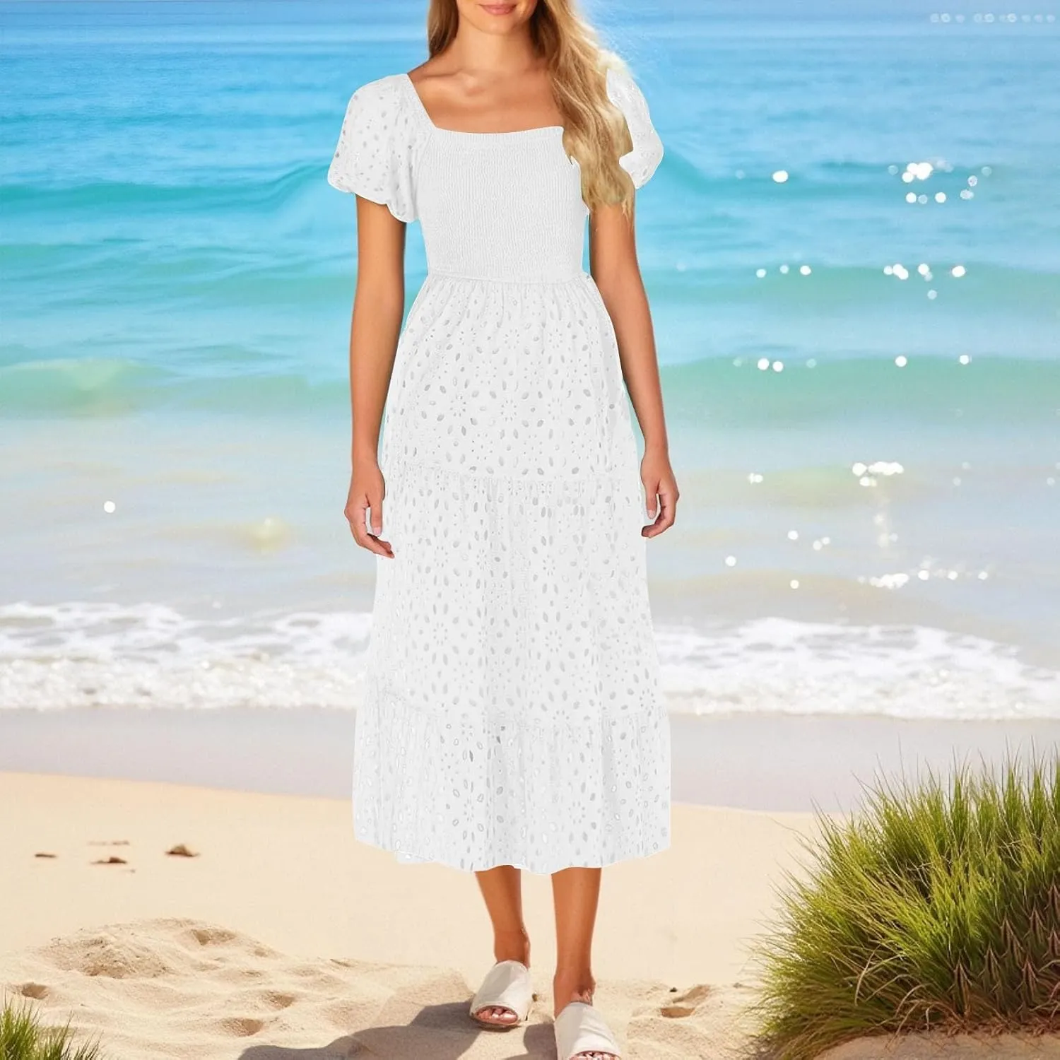 Womens Eyelet Embroidery Smock Dress Puff Short Sleeve Square Neck Casual A Line Tiered Ruffle Midi Dresses