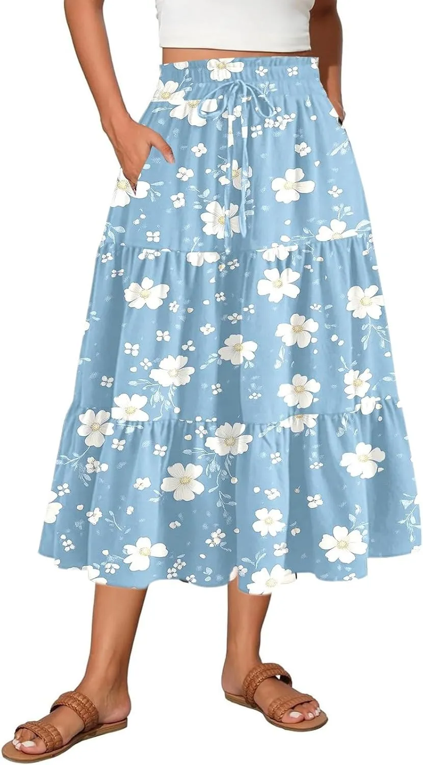 Women's Floral Boho Summer Spring Long Elastic High Waist Printed A Line Flowy Casual Flared Maxi Skirts with Pockets