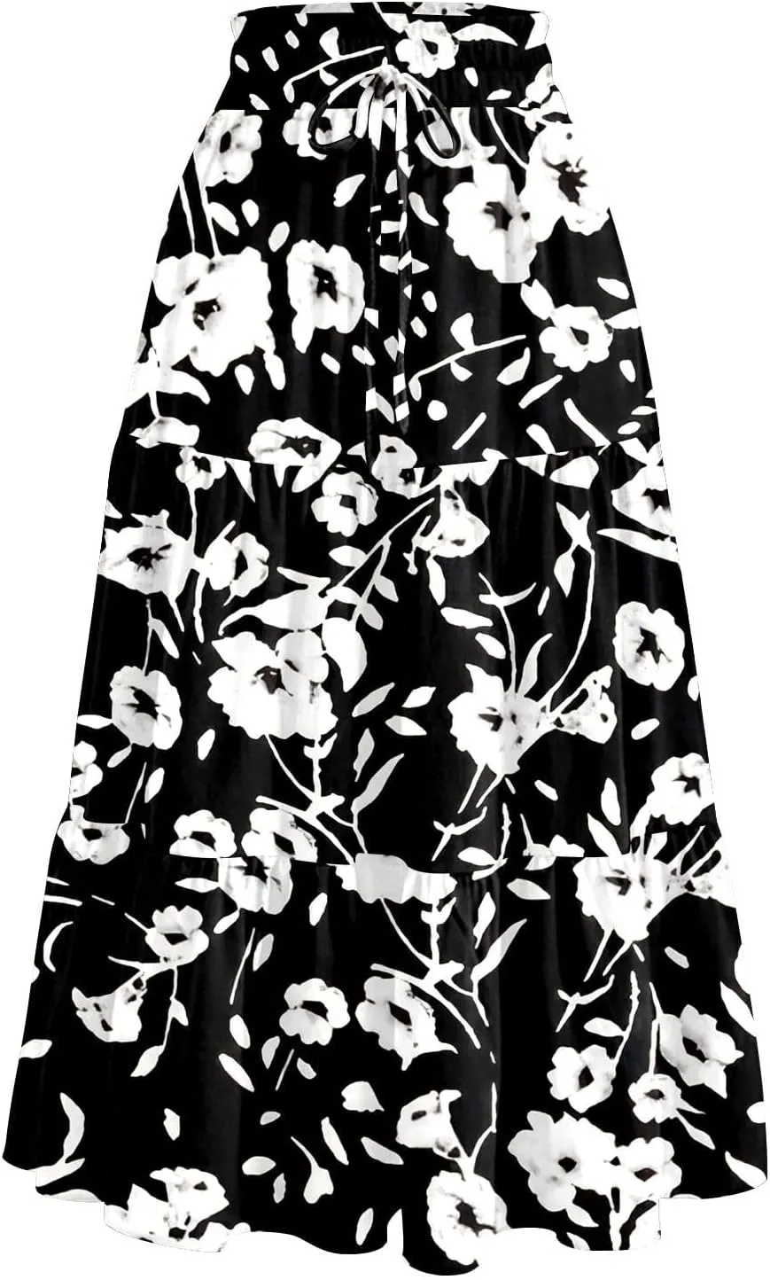 Women's Floral Boho Summer Spring Long Elastic High Waist Printed A Line Flowy Casual Flared Maxi Skirts with Pockets