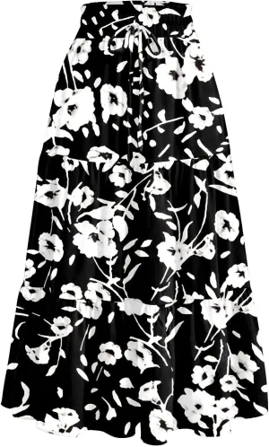 Women's Floral Boho Summer Spring Long Elastic High Waist Printed A Line Flowy Casual Flared Maxi Skirts with Pockets