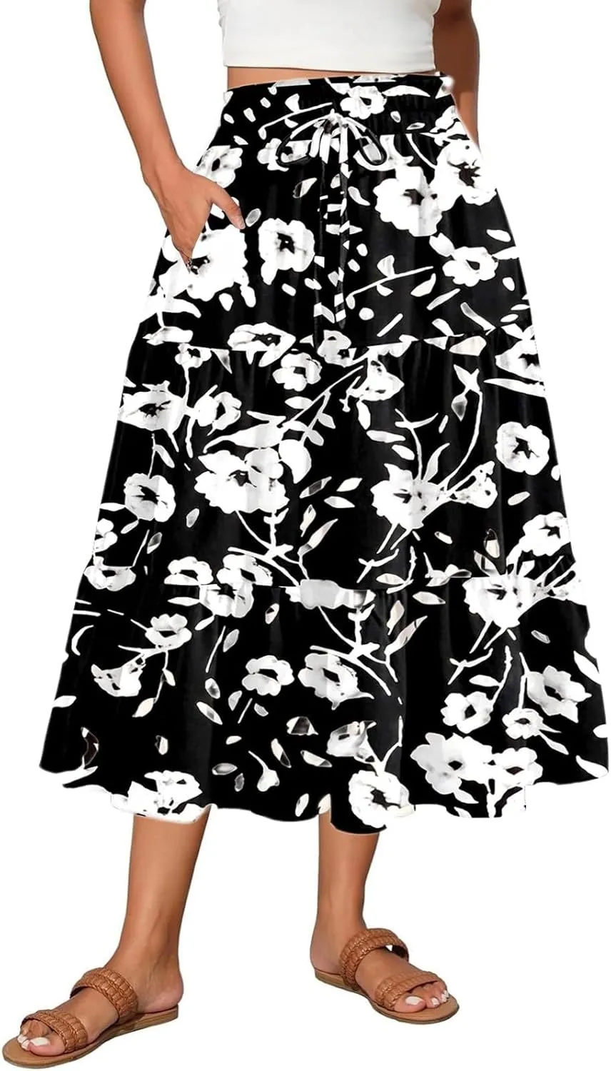 Women's Floral Boho Summer Spring Long Elastic High Waist Printed A Line Flowy Casual Flared Maxi Skirts with Pockets