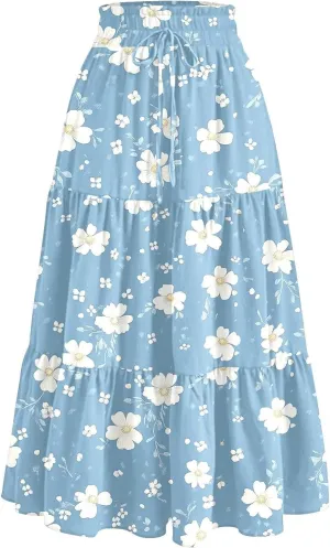 Women's Floral Boho Summer Spring Long Elastic High Waist Printed A Line Flowy Casual Flared Maxi Skirts with Pockets
