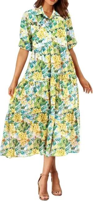 Women's Floral Midi Dress Summer Flowy Boho Dresses Peplum Short Sleeve Button A-line Skirts Vacation Beach Sundress