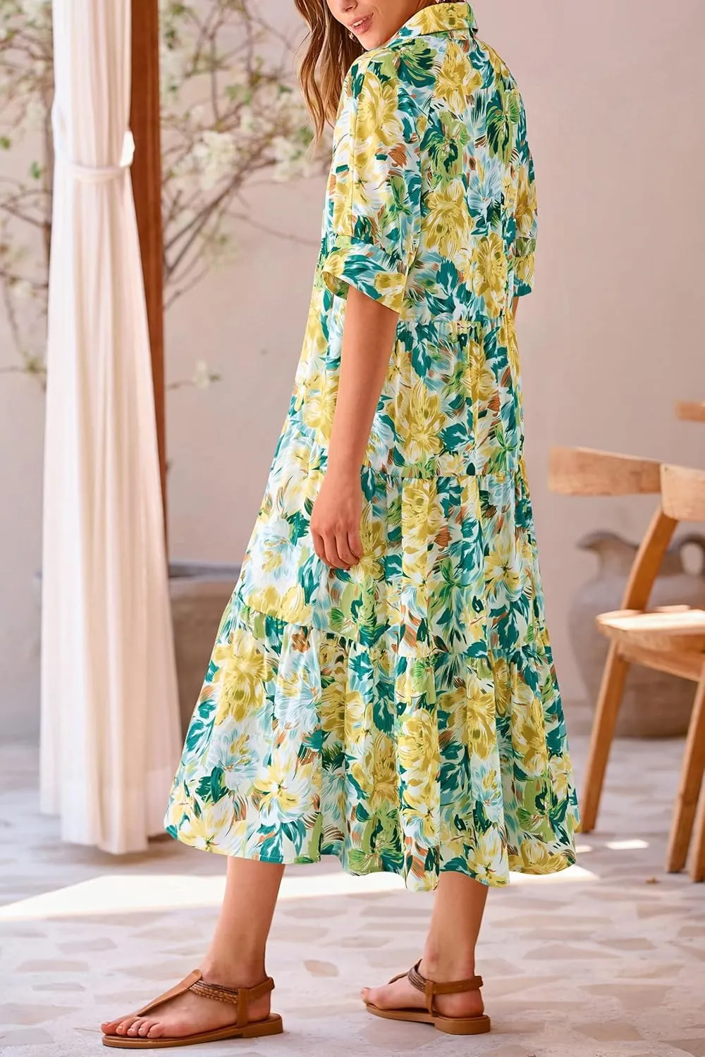 Women's Floral Midi Dress Summer Flowy Boho Dresses Peplum Short Sleeve Button A-line Skirts Vacation Beach Sundress