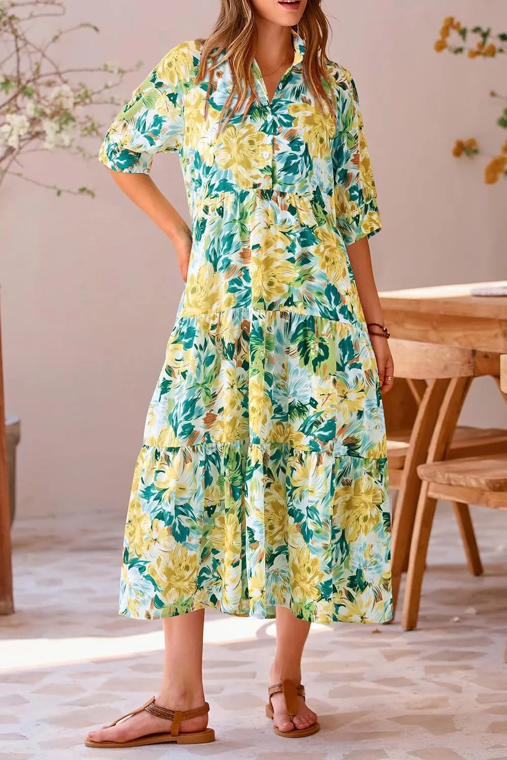Women's Floral Midi Dress Summer Flowy Boho Dresses Peplum Short Sleeve Button A-line Skirts Vacation Beach Sundress