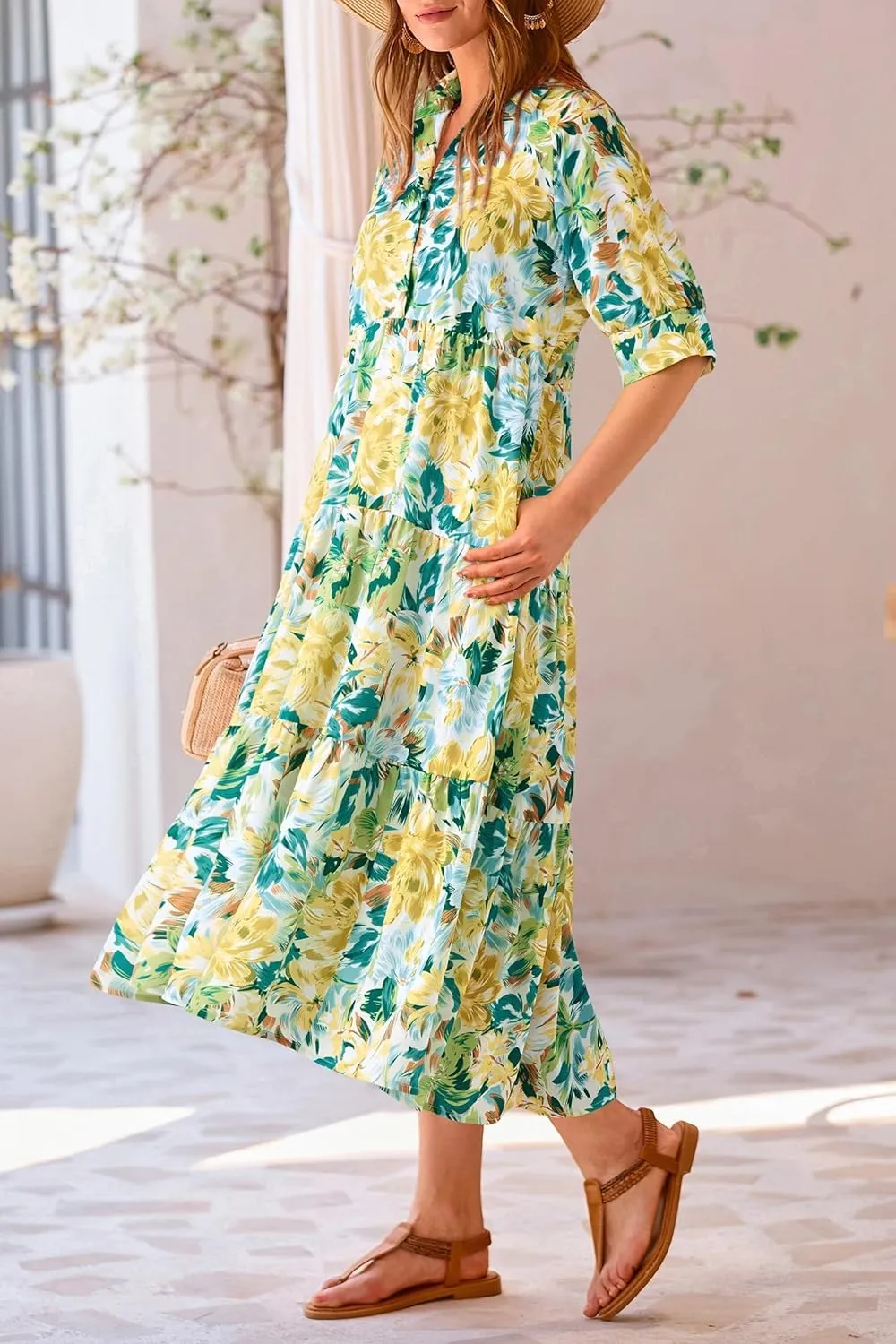 Women's Floral Midi Dress Summer Flowy Boho Dresses Peplum Short Sleeve Button A-line Skirts Vacation Beach Sundress