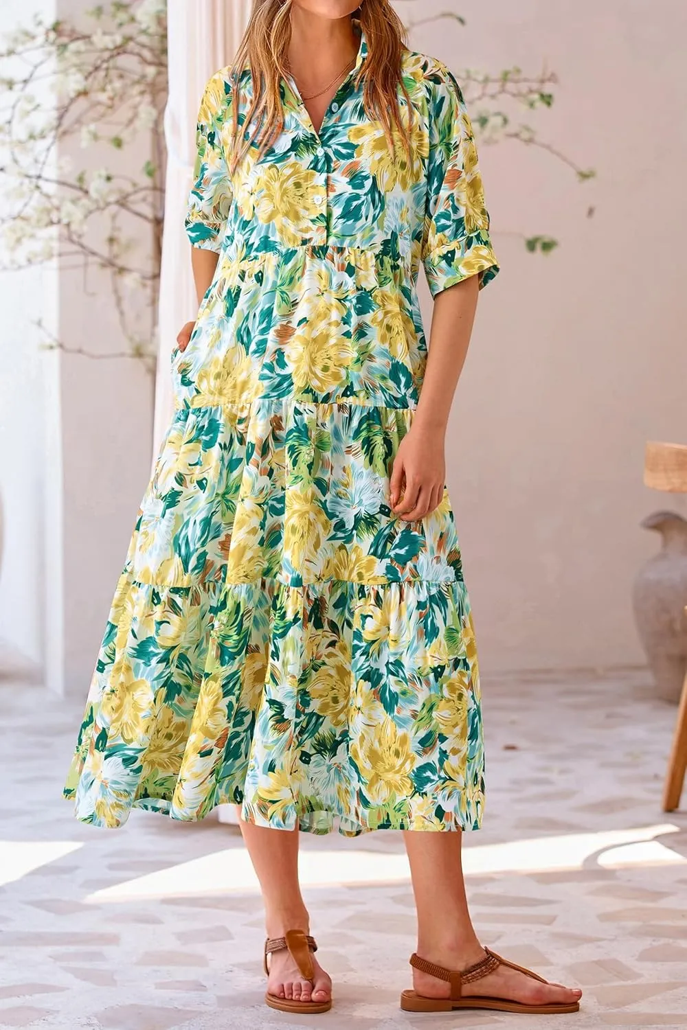 Women's Floral Midi Dress Summer Flowy Boho Dresses Peplum Short Sleeve Button A-line Skirts Vacation Beach Sundress