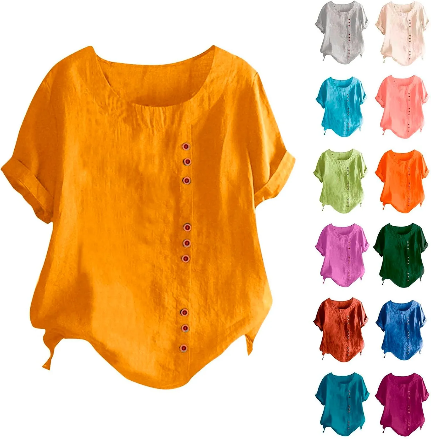 Womens Floral Print Linen Short Sleeve T Shirts Summer Dressy Casual Oversized Blouse Top V Neck Loose Tshirt