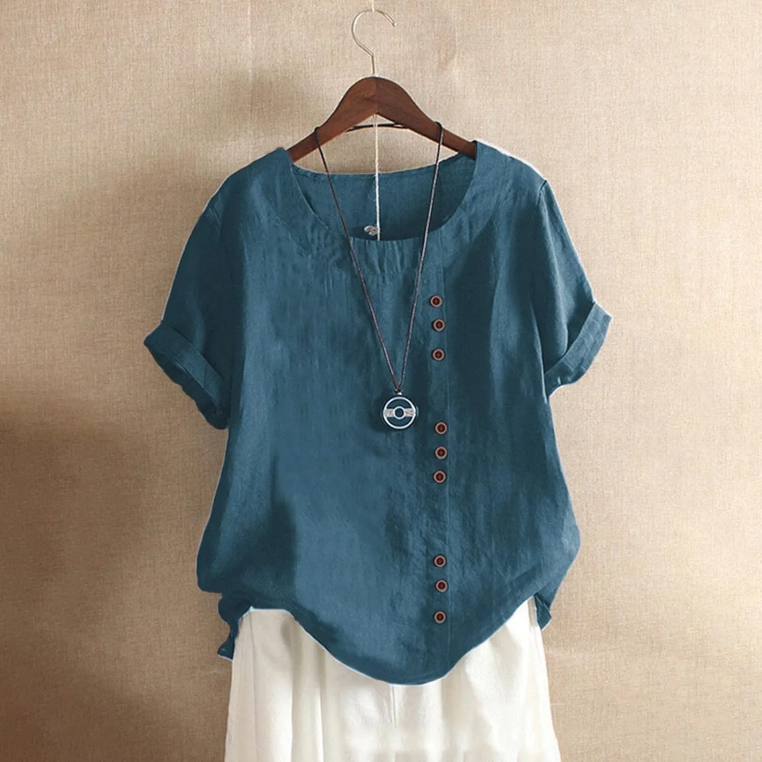 Womens Floral Print Linen Short Sleeve T Shirts Summer Dressy Casual Oversized Blouse Top V Neck Loose Tshirt